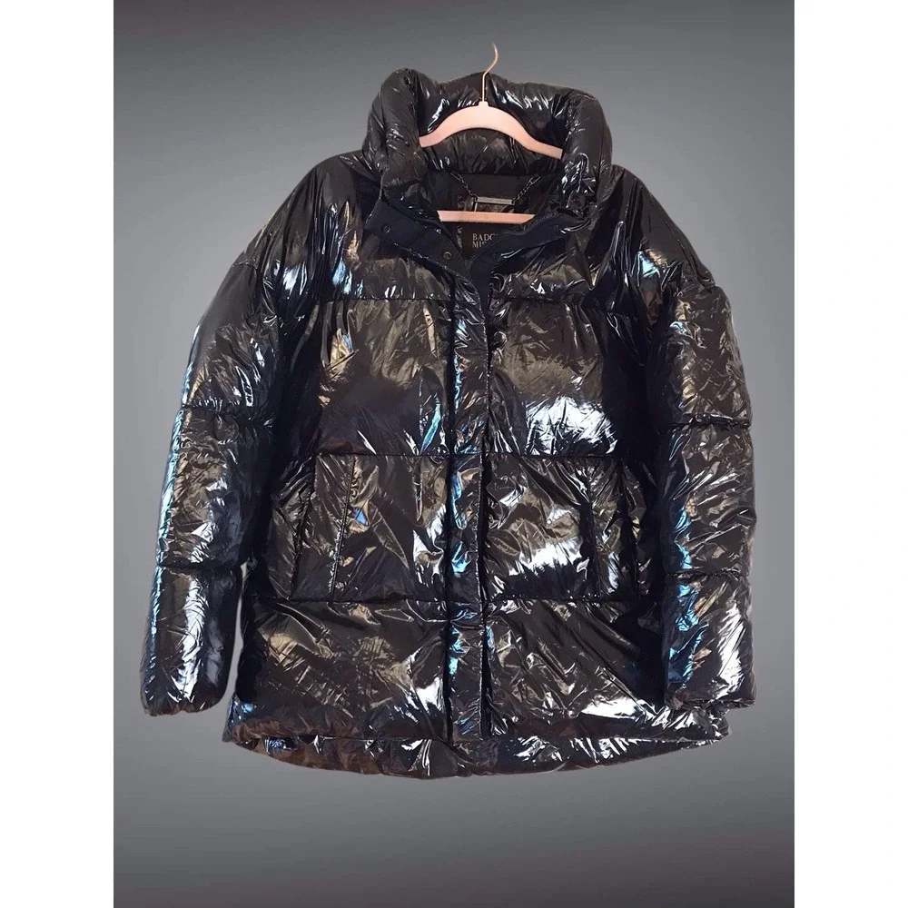 NWT Women BADGLEY MISCHKA‎ Roberta Coat Jacket Puffer Shiny Black  Vegan Down L